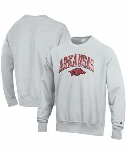 Champion Men's Gray Arkansas Razorbacks Arch Over Logo Reverse Weave Pullover Sweatshirt