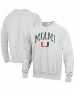 Champion Men's Gray Miami Hurricanes Arch Over Logo Reverse Weave Pullover Sweatshirt