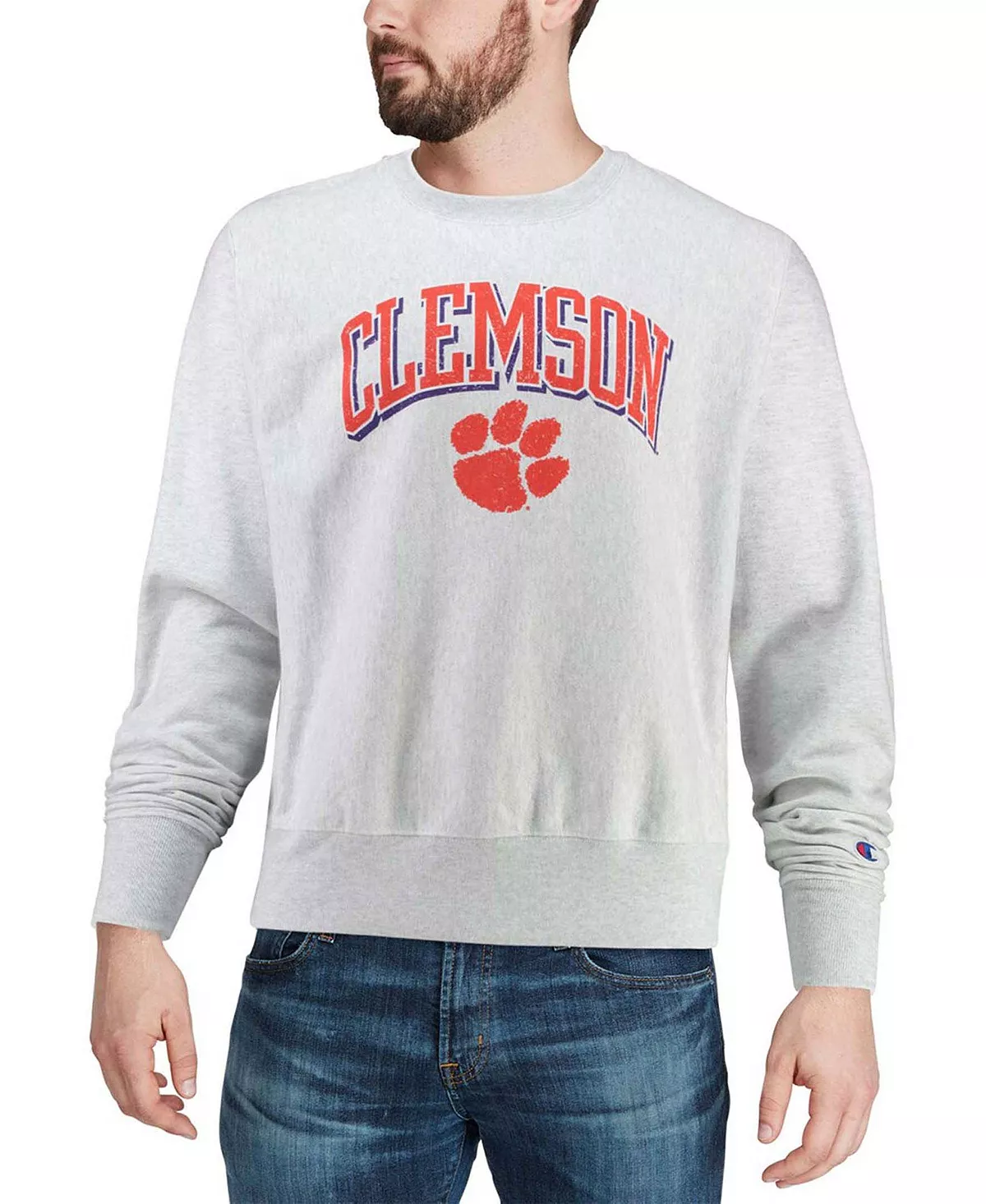 Champion Men's Gray Clemson Tigers Arch Over Logo Reverse Weave Pullover Sweatshirt - Image 4