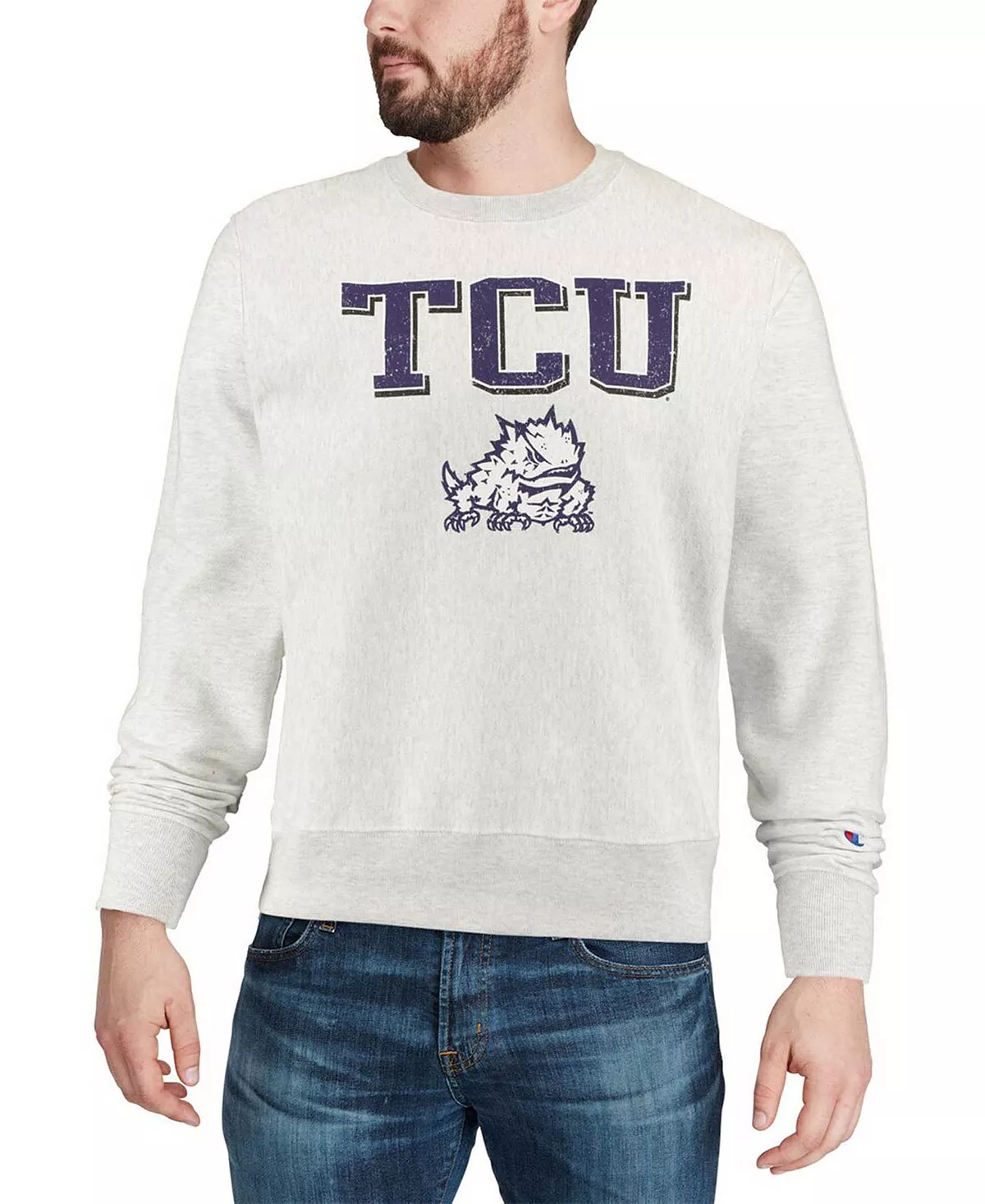 Champion Men's Gray TCU Horned Frogs Arch Over Logo Reverse Weave Pullover Sweatshirt - Image 3