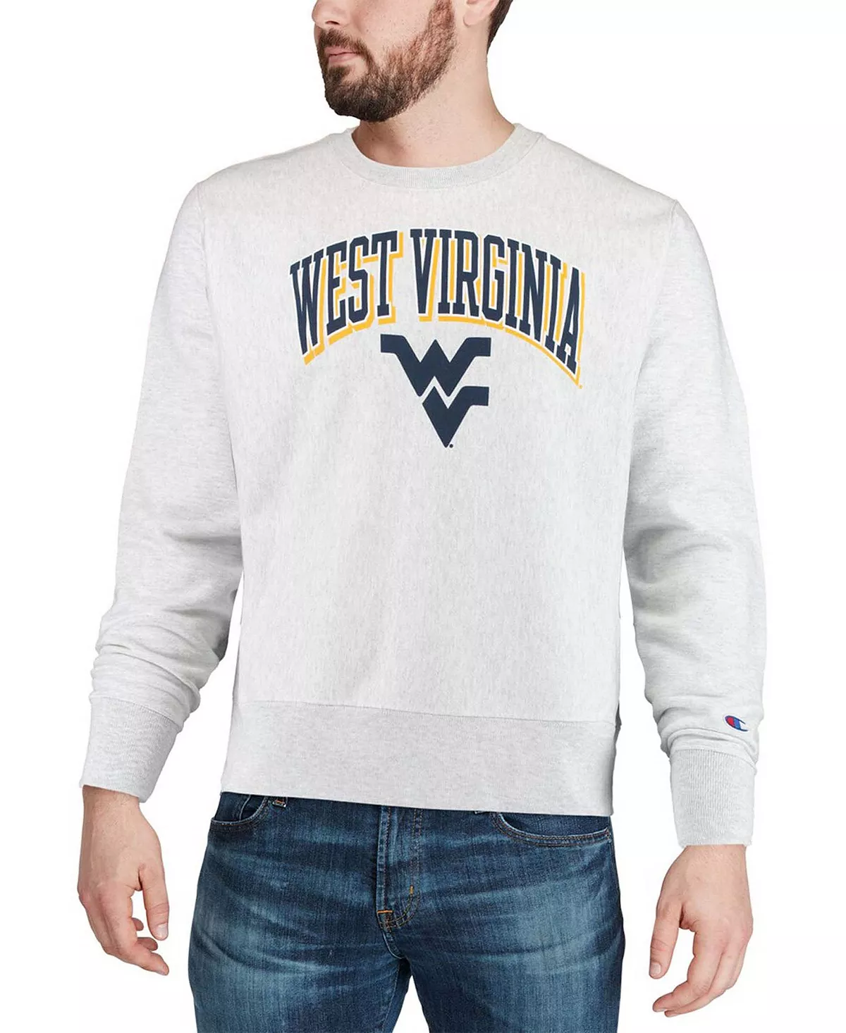Champion Men's Gray West Virginia Mountaineers Arch Over Logo Reverse Weave Pullover Sweatshirt - Image 4