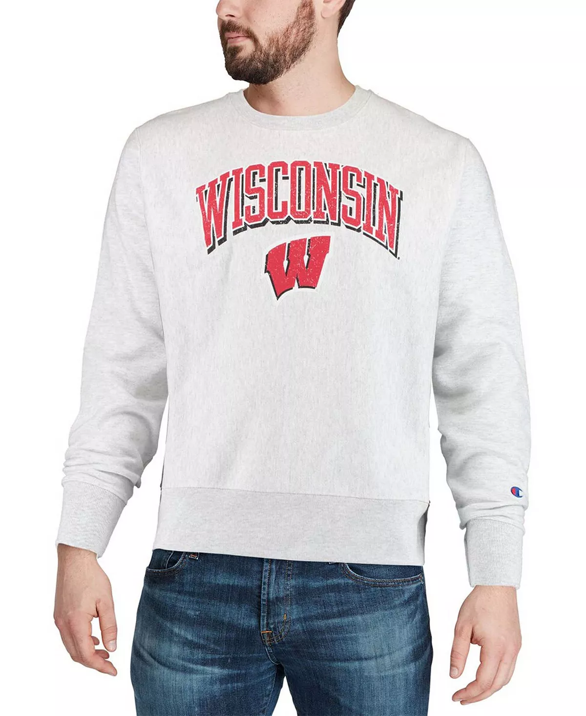 Champion Men's Gray Wisconsin Badgers Arch Over Logo Reverse Weave Pullover Sweatshirt - Image 4