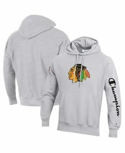 Champion Men's Heathered Gray Chicago Blackhawks Reverse Weave Pullover Hoodie