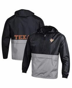 Champion Men's Black Texas Longhorns Throwback Logo Color Blocked Packable Half-Zip Pullover Hoodie